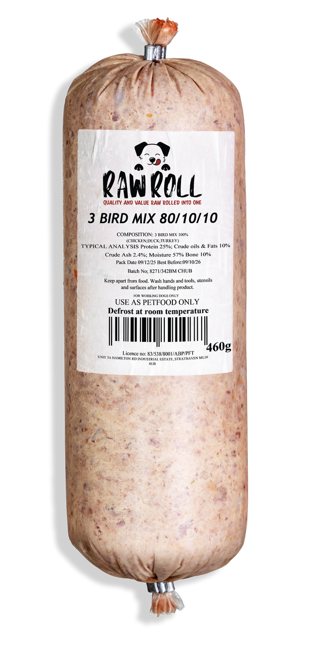 Raw Roll 3 Bird Mix 80/10/10 20 x 460g raw dog food box