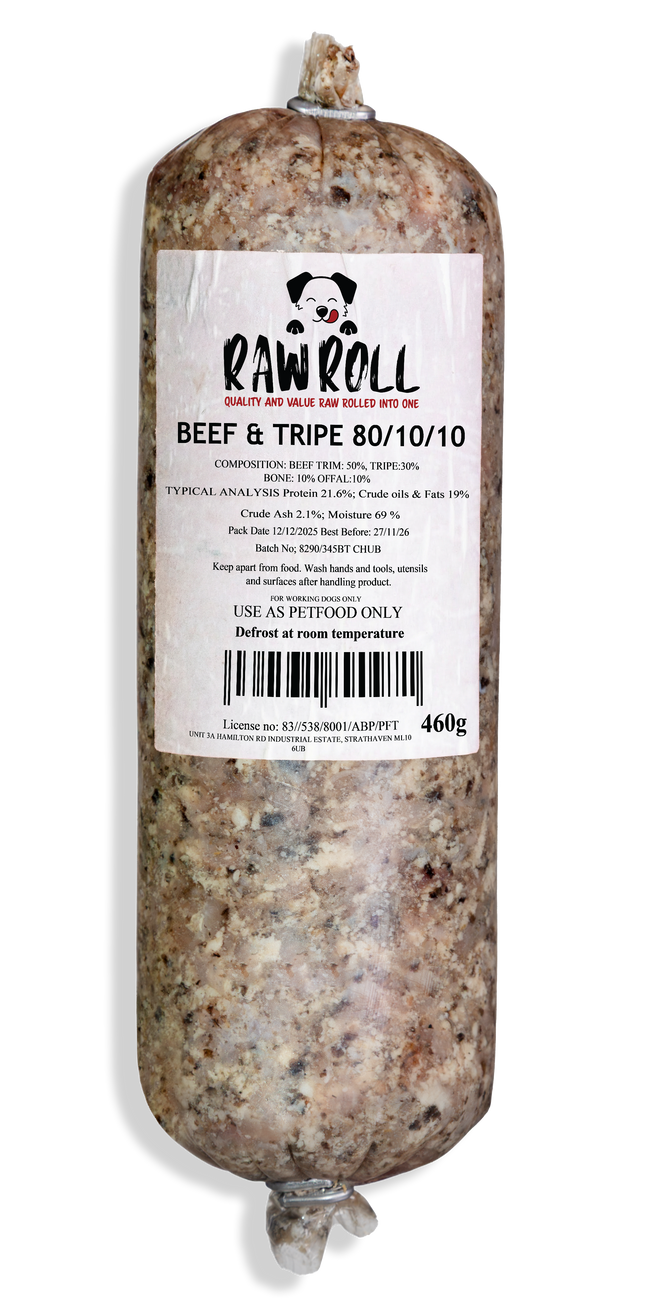 Raw Roll Beef & Tripe 80/10/10 20 x 460g raw dog food box