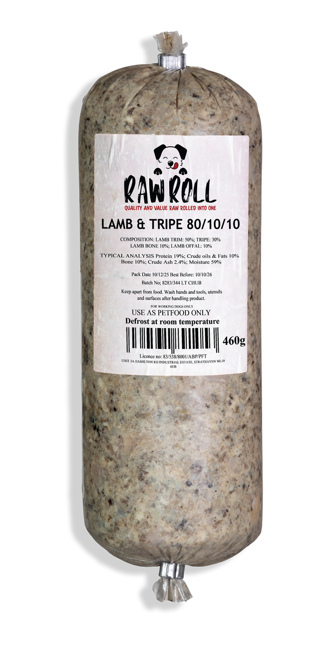 Raw Roll Lamb & Tripe 80/10/10 20 x 460g raw dog food box